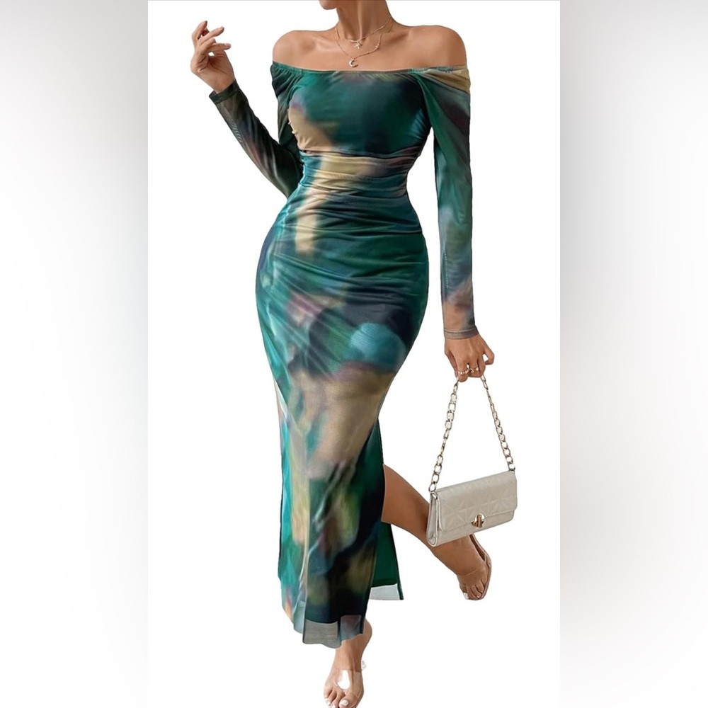 Women's Off Shoulder Tie Dye Long Sleeve Slit Hem Evening Dress Size Small